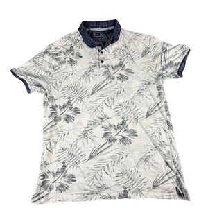 Charleston Threads Polo Shirt Mens XL (Fits Med.) White Floral Hawaiian Tropical